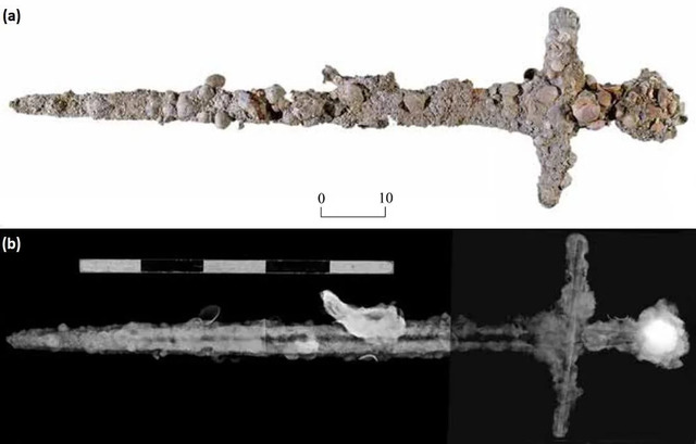 a) The sword encrusted with a thick marine crust. b) Radiographic images showcasing three distinct sections of the artifact. (Credit: Gosker, J et al., Atiqot, 2023)