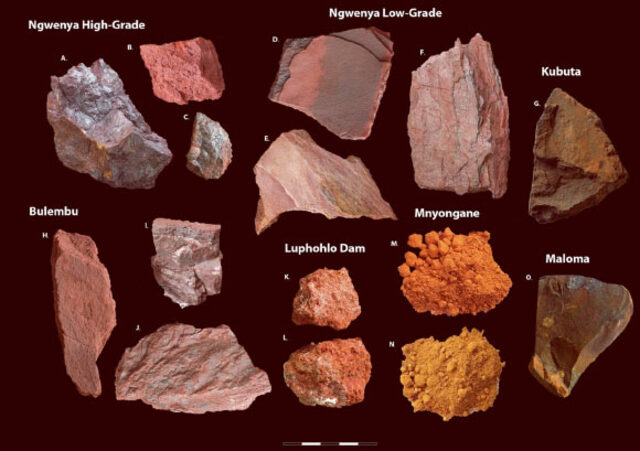 Shown here are selected hand specimens from the study’s sample sites: Ngwenya high-grade (A–C), Ngwenya low-grade (D–F), Kubuta (G), Bulembu (H–J), Lupholo Dam (K, L), Mnyongane (M, N), and Maloma (O). Scale bar = 1 cm. (Image credit: MacDonald et al., doi: 10.1038/s41467-024-53050-6)