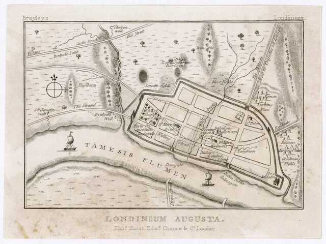 A detailed map of Roman London (Londinium) reveals its historical layers, where Roman artifacts often surface alongside relics from the Middle Ages and Victorian times. (Chronicle / Alamy Stock Photo)