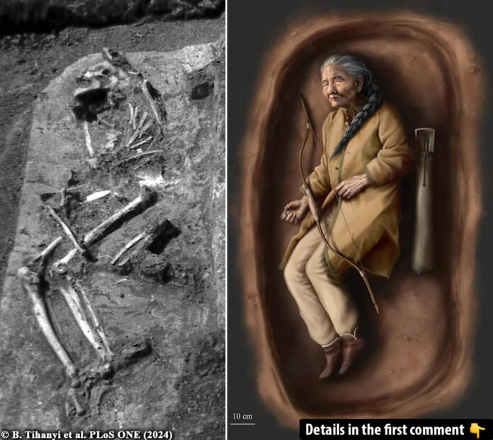 A) Silhouette of the skeleton SH-63, meticulously drawn by Luca Kis from Ibolya M. Nepper's original field sketch; B) An artistic reconstruction of the burial scene based on archaeological, anthropological, and archaeogenetic data. (Credit: B. Tihanyi et al., PLoS ONE, 2024)