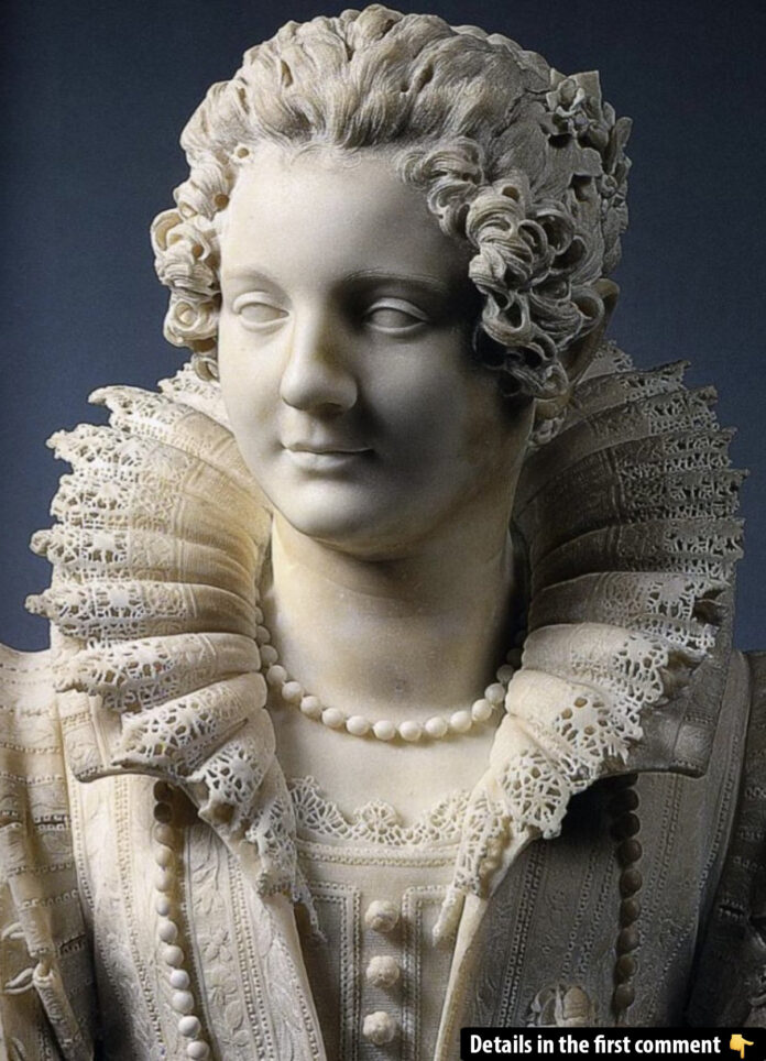 Exquisite 17th-century sculpture reveals astonishingly delicate lace details, all meticulously carved in marble.