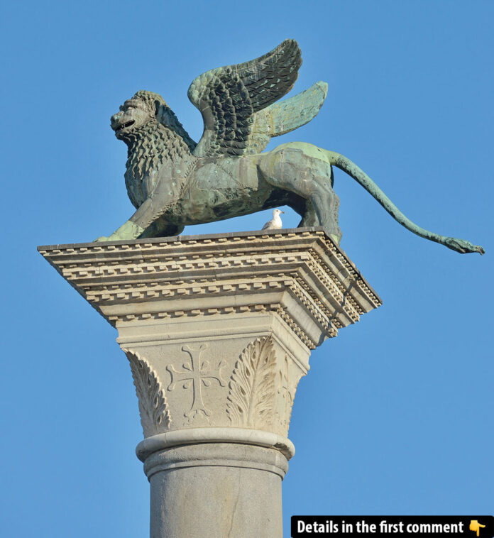 The Majestic Bronze Lion of Saint Mark: A symbol of Venice, this ancient bronze lion proudly represents the city's patron saint. (Credit: Jakub Hałun, CC BY-SA 4.0)